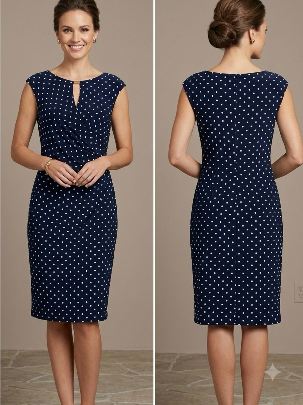Lauren Ralph Lauren Navy and White Polka Dot Midi Sheath Dress